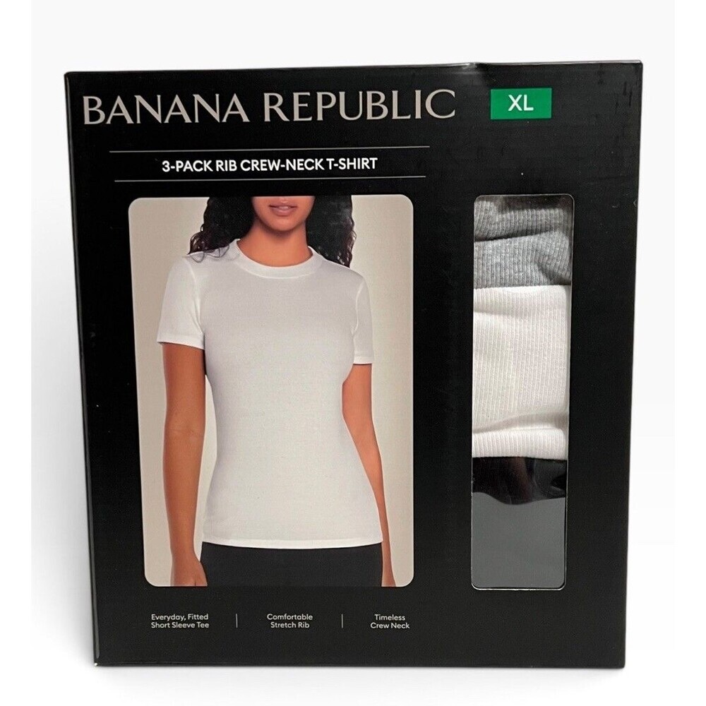 Banana Republic Women's XL 3-Pack Ribbed Crew Neck T-Shirts Gray White Black New